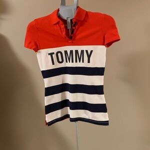 Vintage Tommy Hilfiger Woman's Red, White and Navy Striped Polo Size XXS